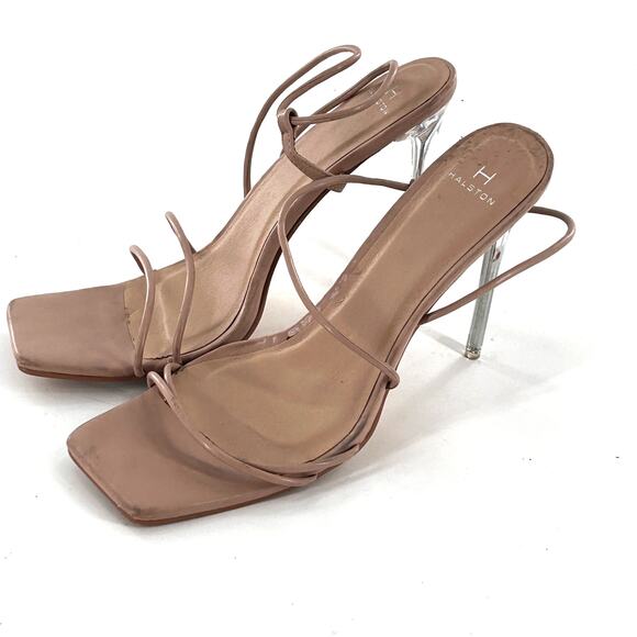 H Halston Wizard Multi Strap Party Heels Sandal 9 Tan Nude Clear Minimalist - Picture 2 of 7